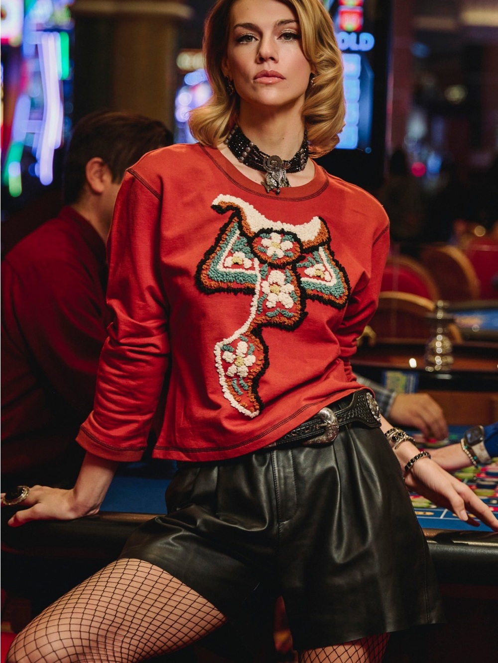 Double D Ranch Rust Red Western Embroidered Crewneck - Picture 2 of 4